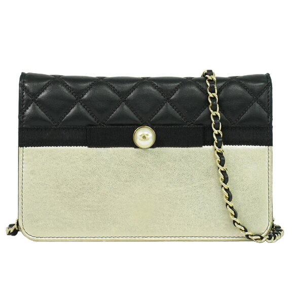 CHANEL CC Faux Pearl Matelasse Leather Wallet On Chain Black White Gold - Picture 1 of 10